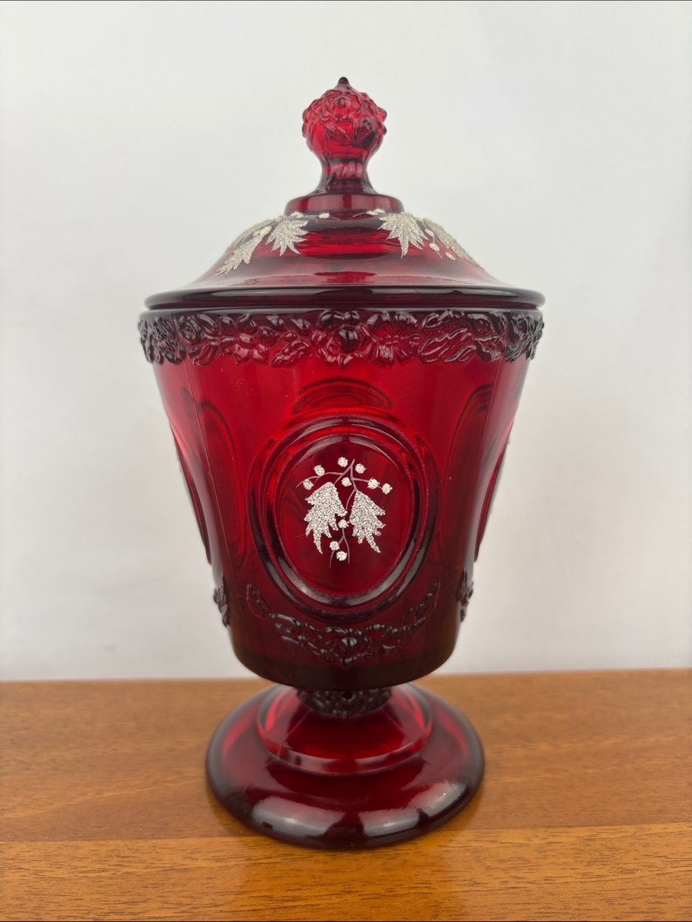 Vintage Fenton ruby and white holly lidded candy dish artist signed M.Trembley